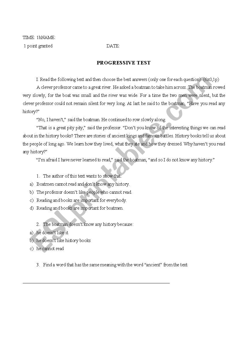 progressive test  worksheet