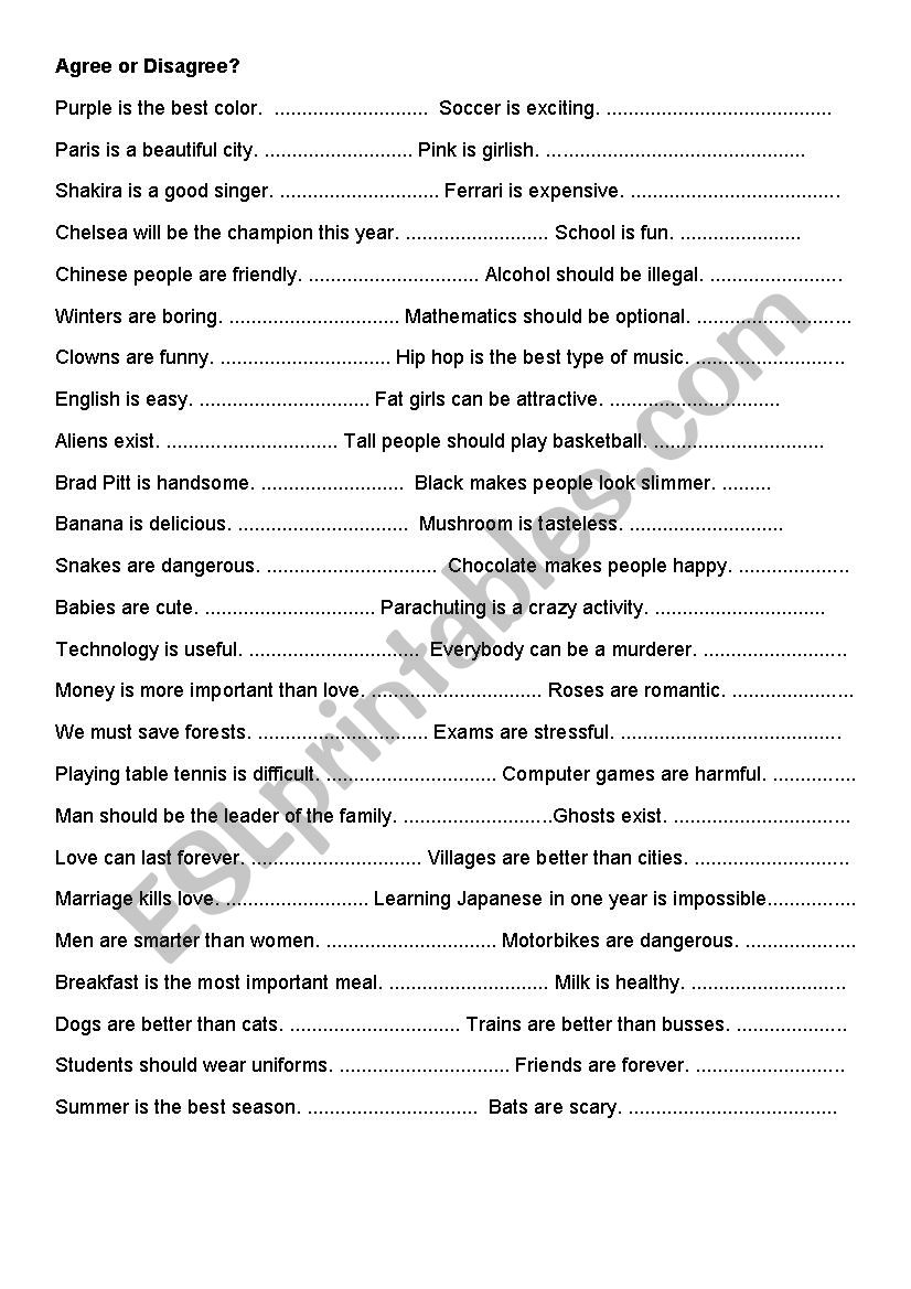 Agree or Disagree worksheet