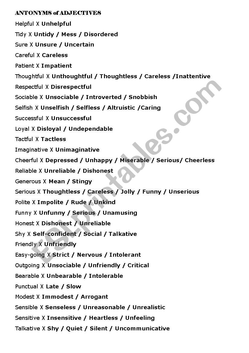 SOME ANTONYMS of ADJECTIVES worksheet