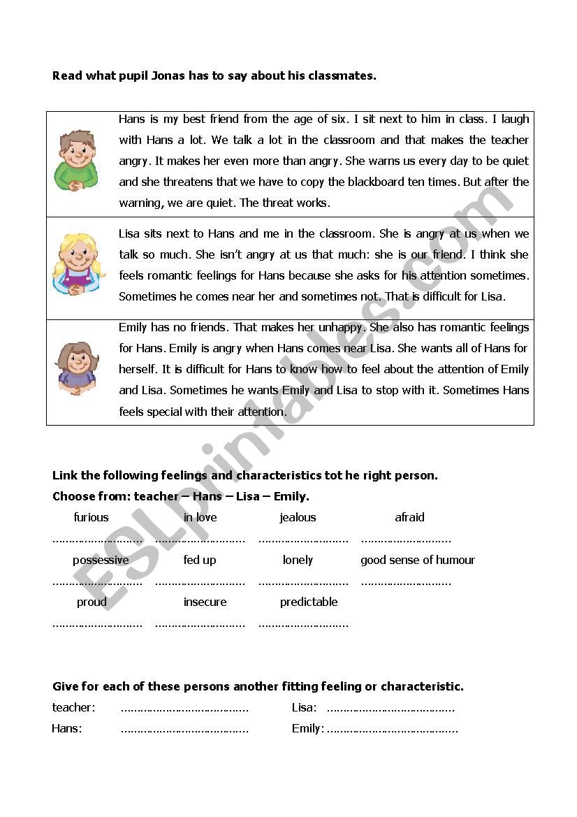 Reading exercise on vocabulary feelings and characteristics