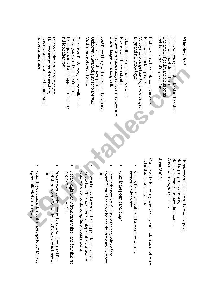 The New Boy Year 9 Poetry Worksheet ESL Worksheet By Laurelmason