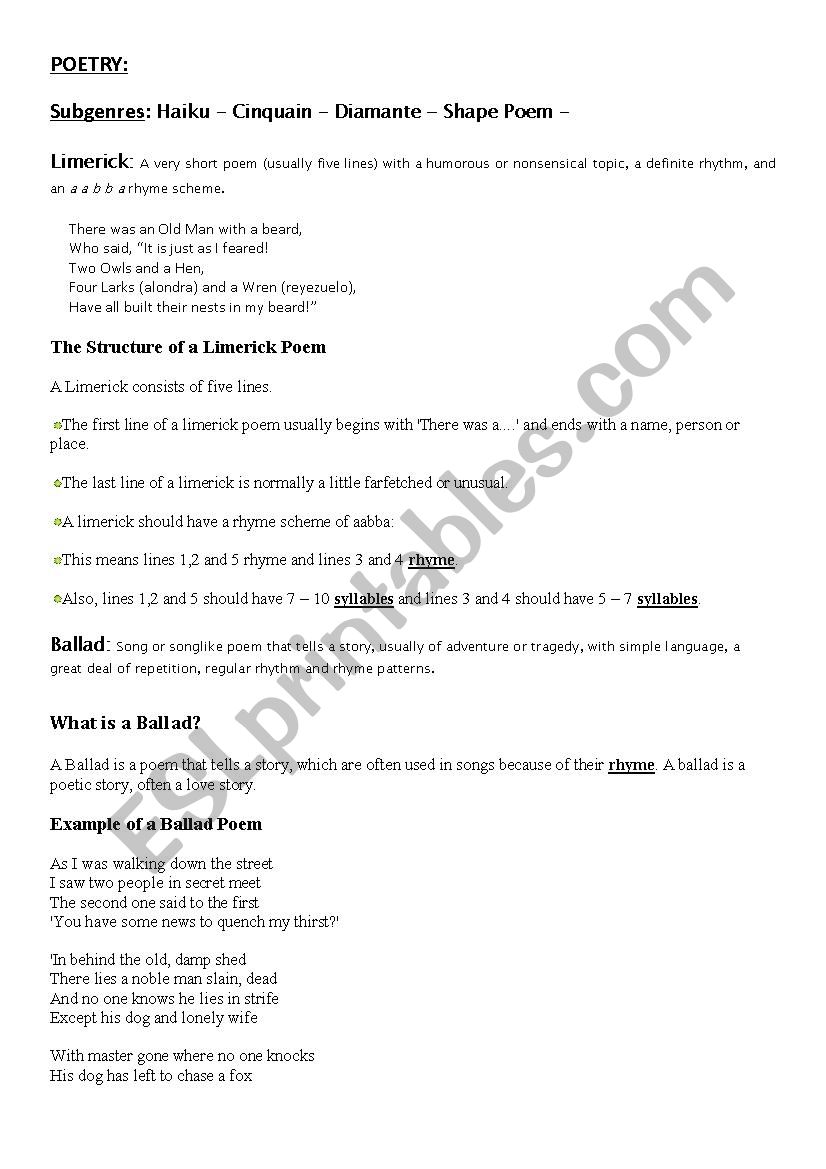 poetry worksheet