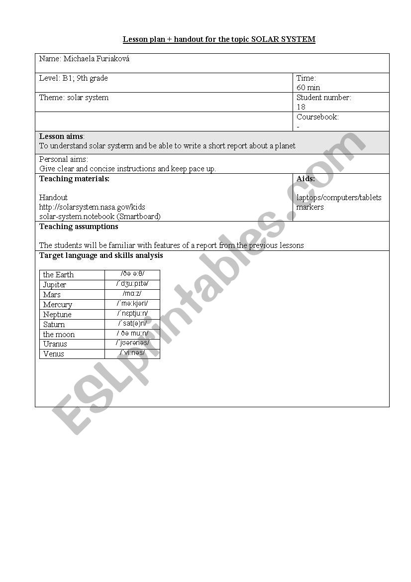 Solar system worksheet