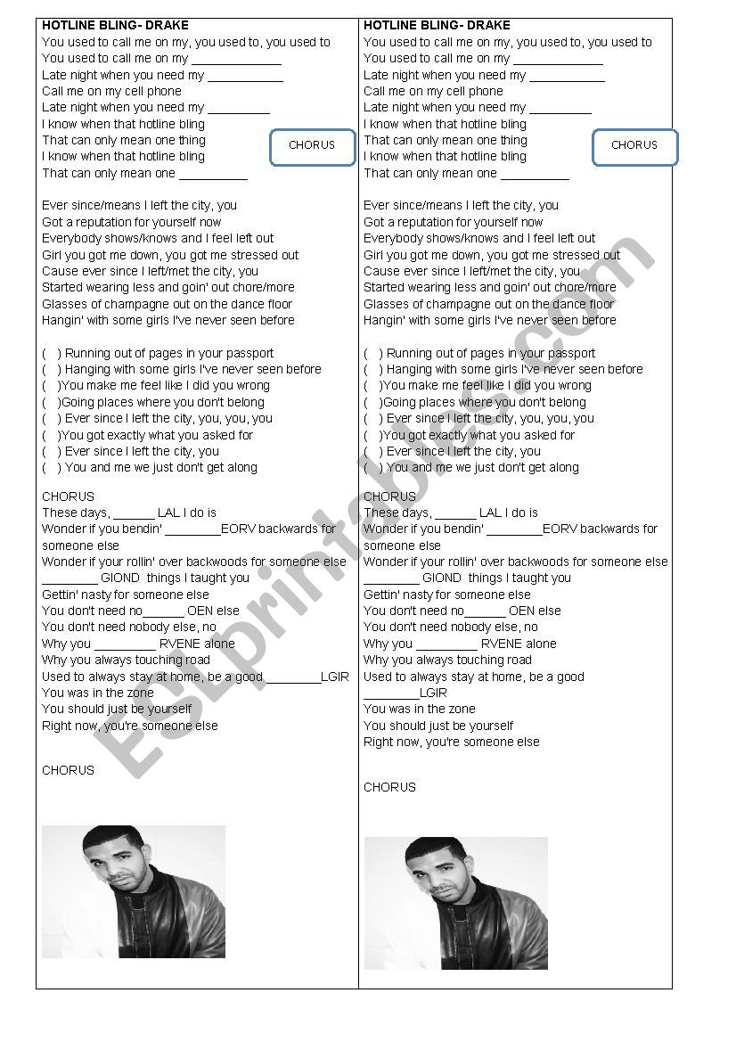 HOTLINE BLING SONG worksheet