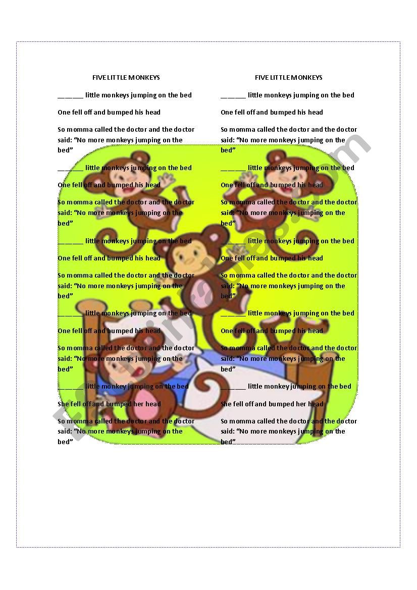 NUMBERS. Five little monkeys worksheet