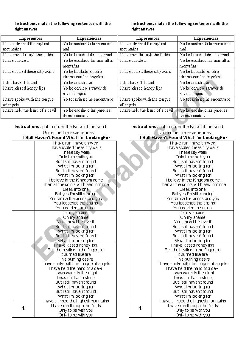 experiences worksheet