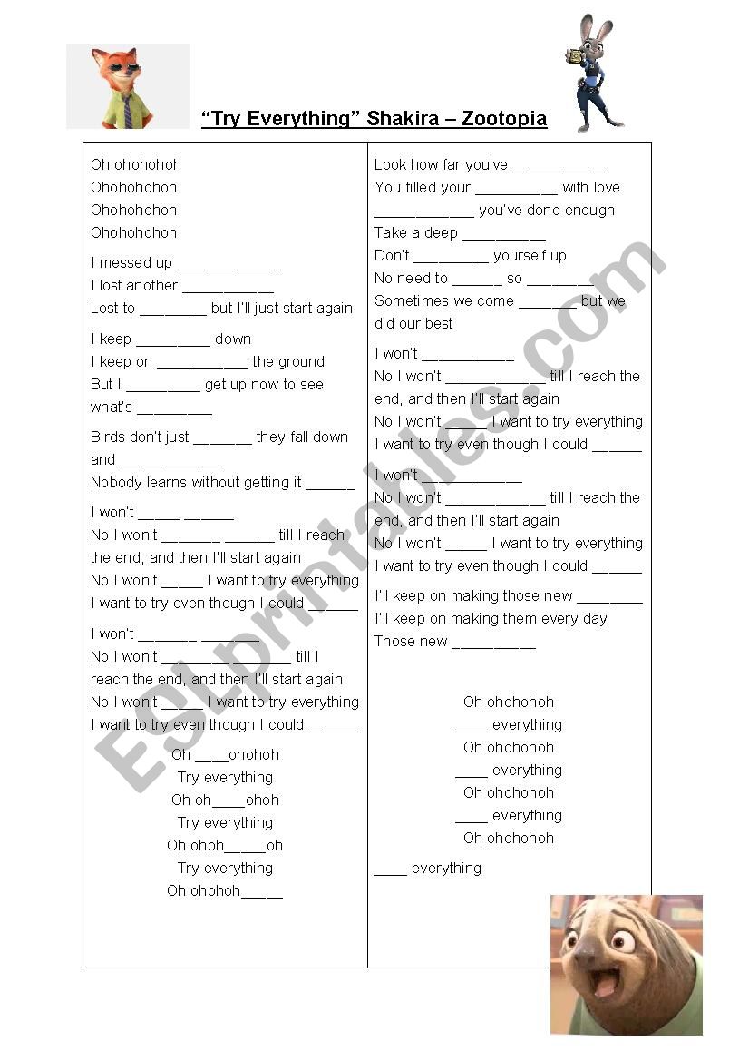 Try Everything - Zootopia - Shakira - ESL worksheet by bazza