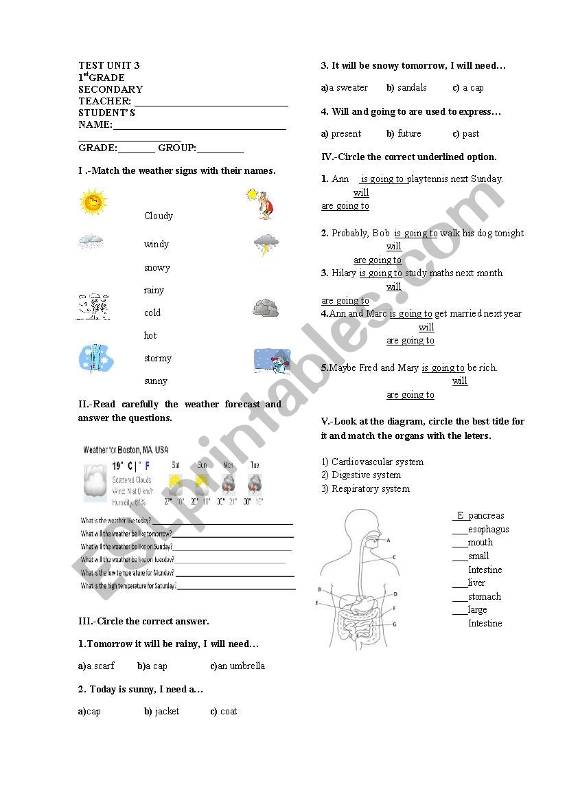 Test for first grade secondary 
