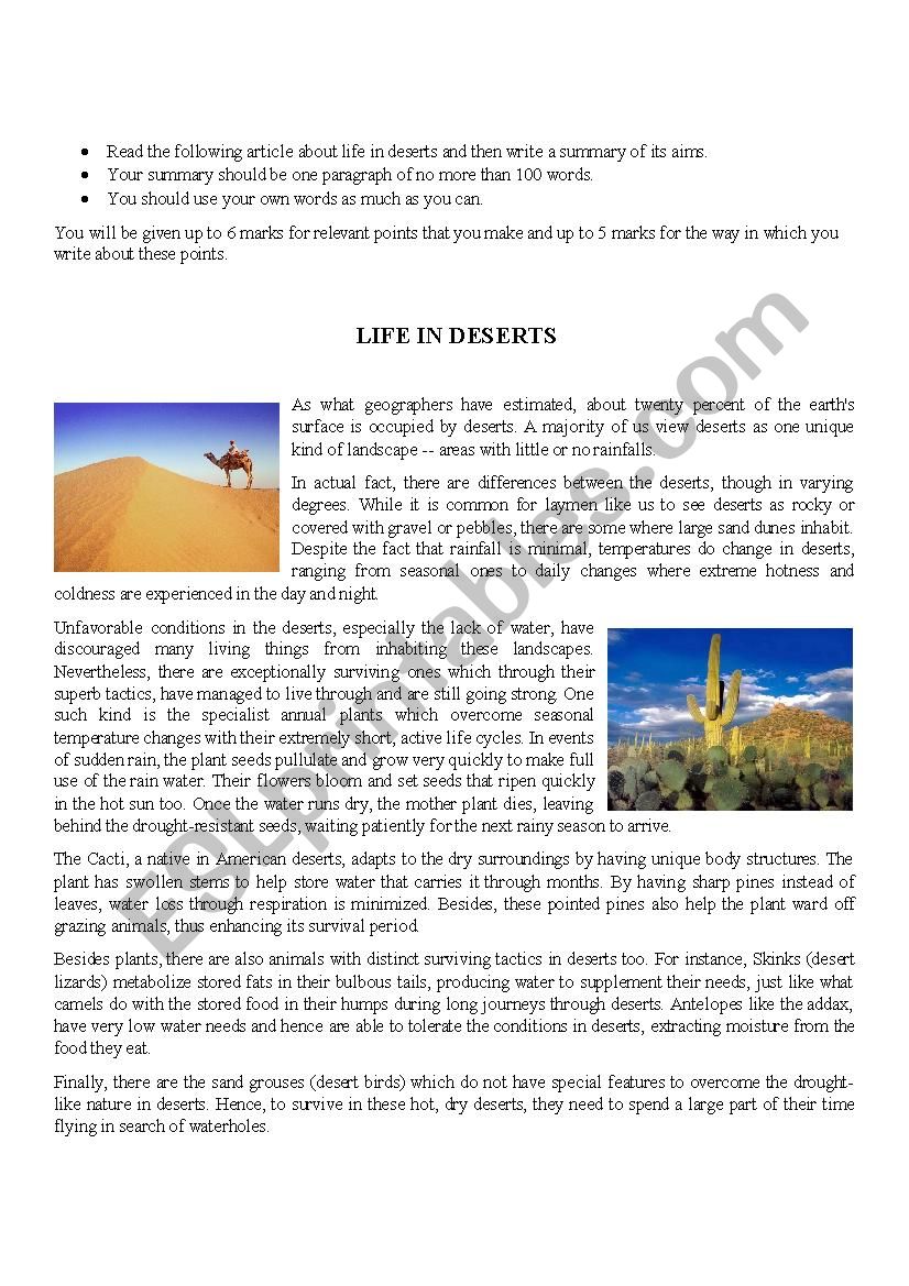 deserts worksheet