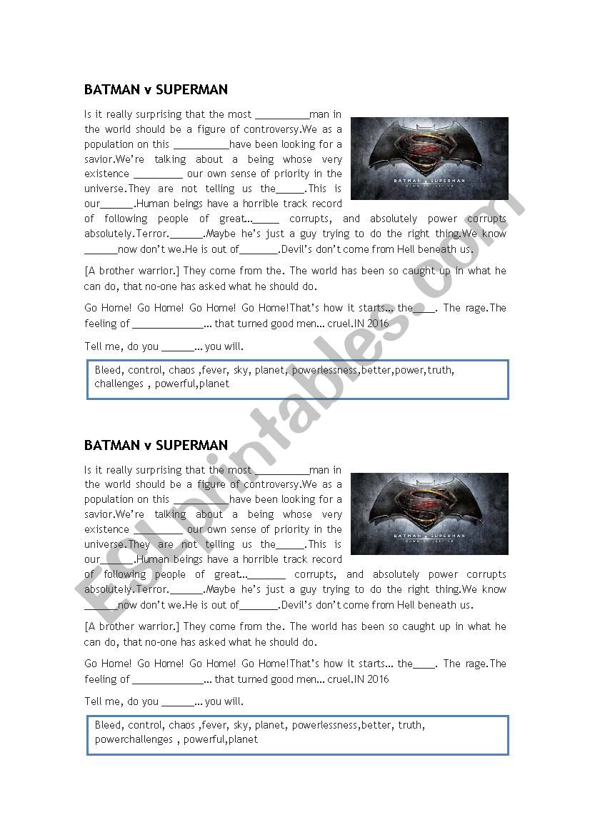 Batman vs Superman worksheet