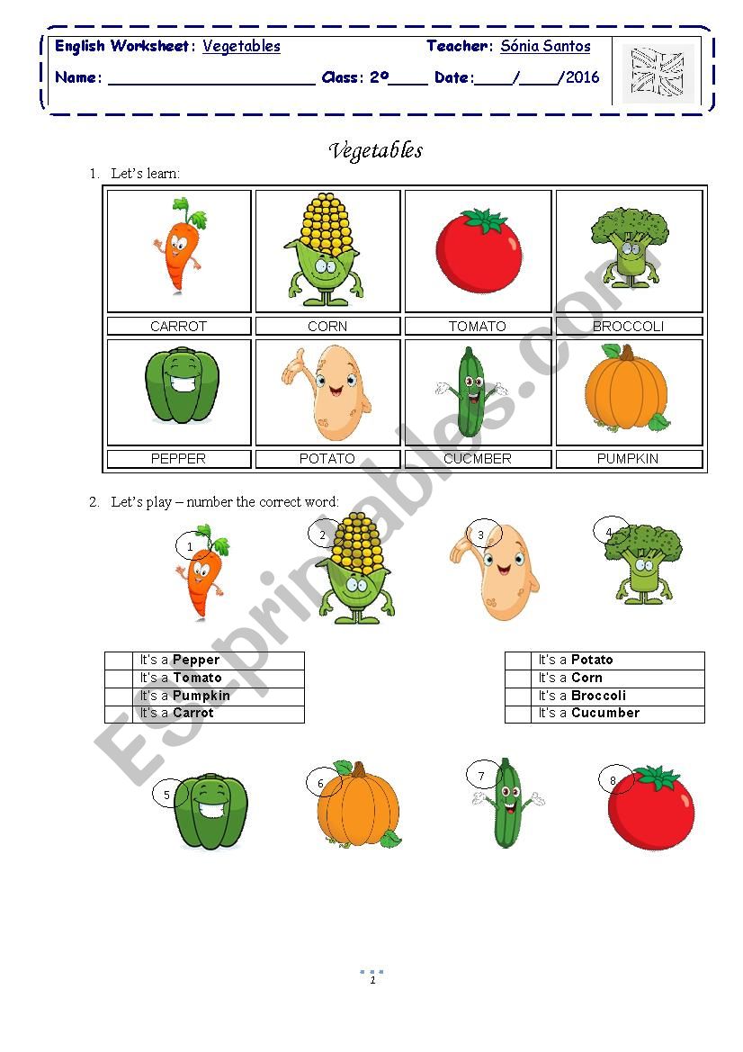 Vegetables worksheet