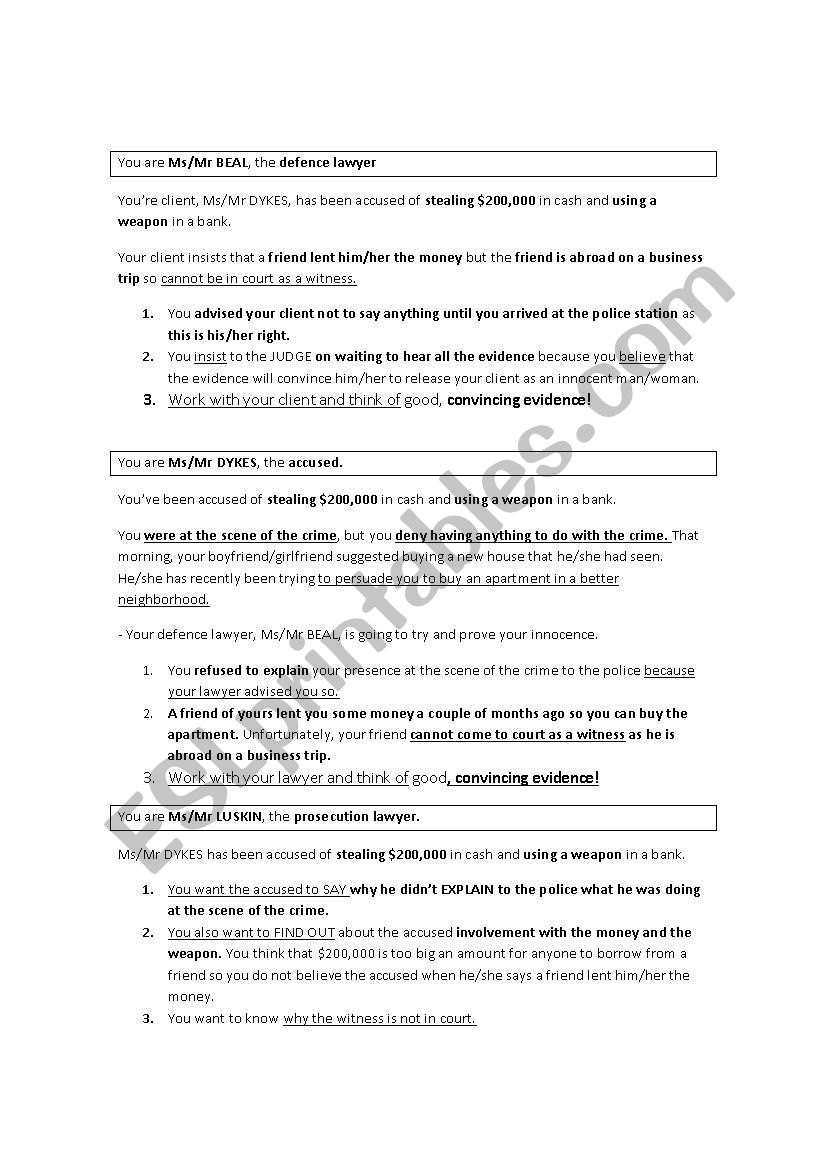 Role-play COURTROOM worksheet