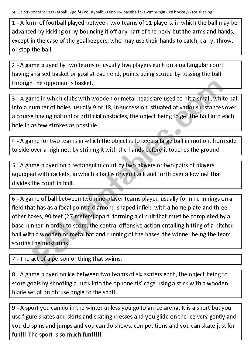 Tic Tac Toe with sports worksheet