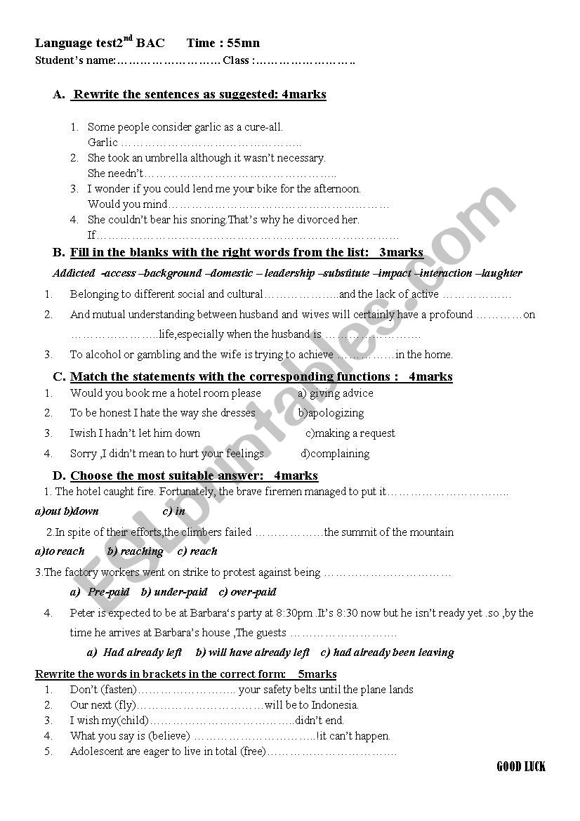 language test semester 2 worksheet