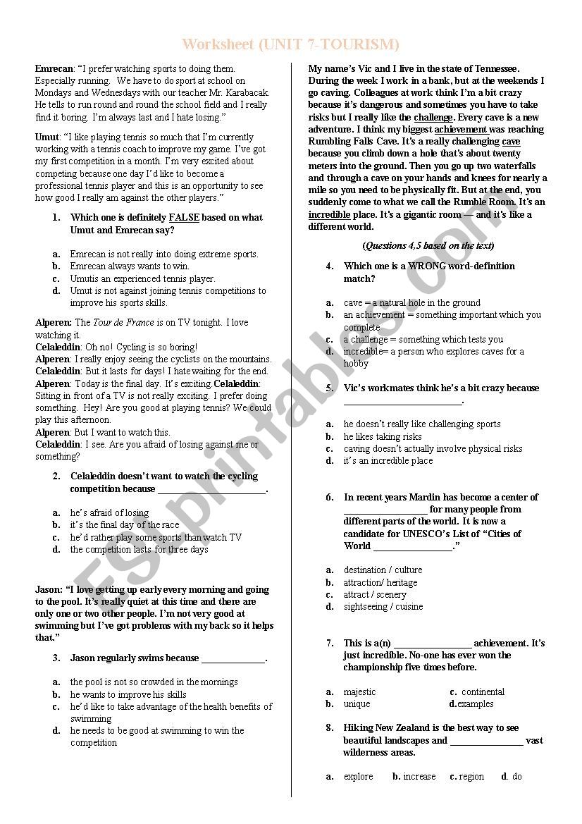 TEOG worksheet (Unit 7 Tourism)