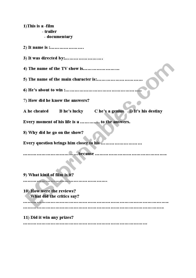 slumdog millionaire quiz worksheet