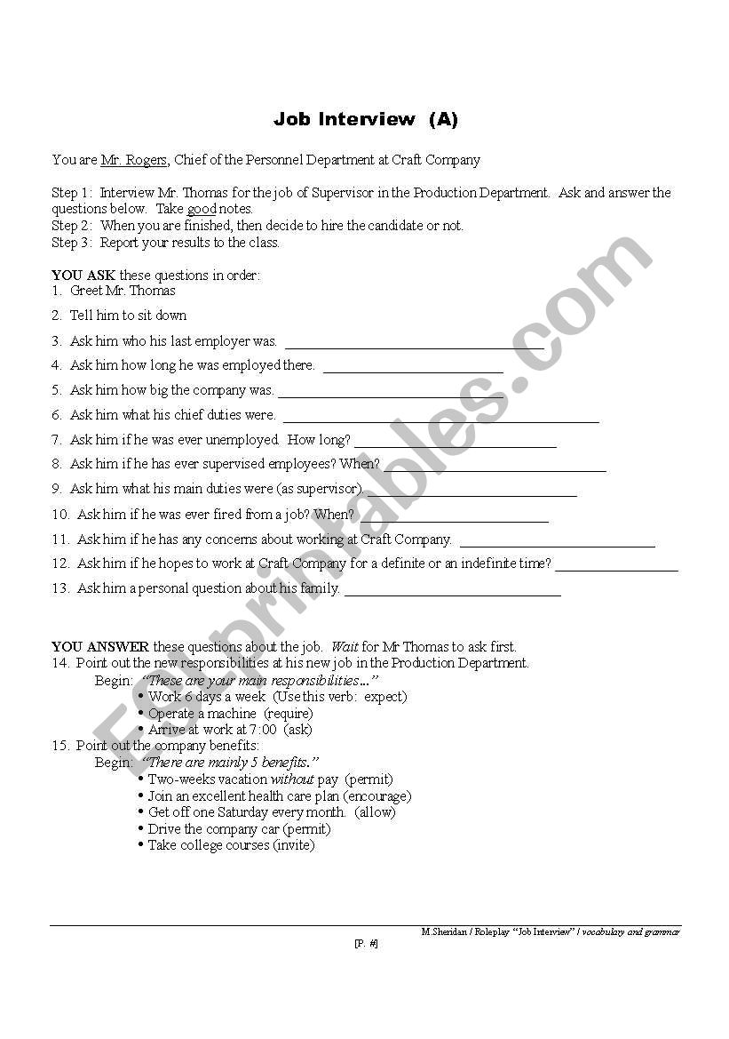 Job interview worksheet