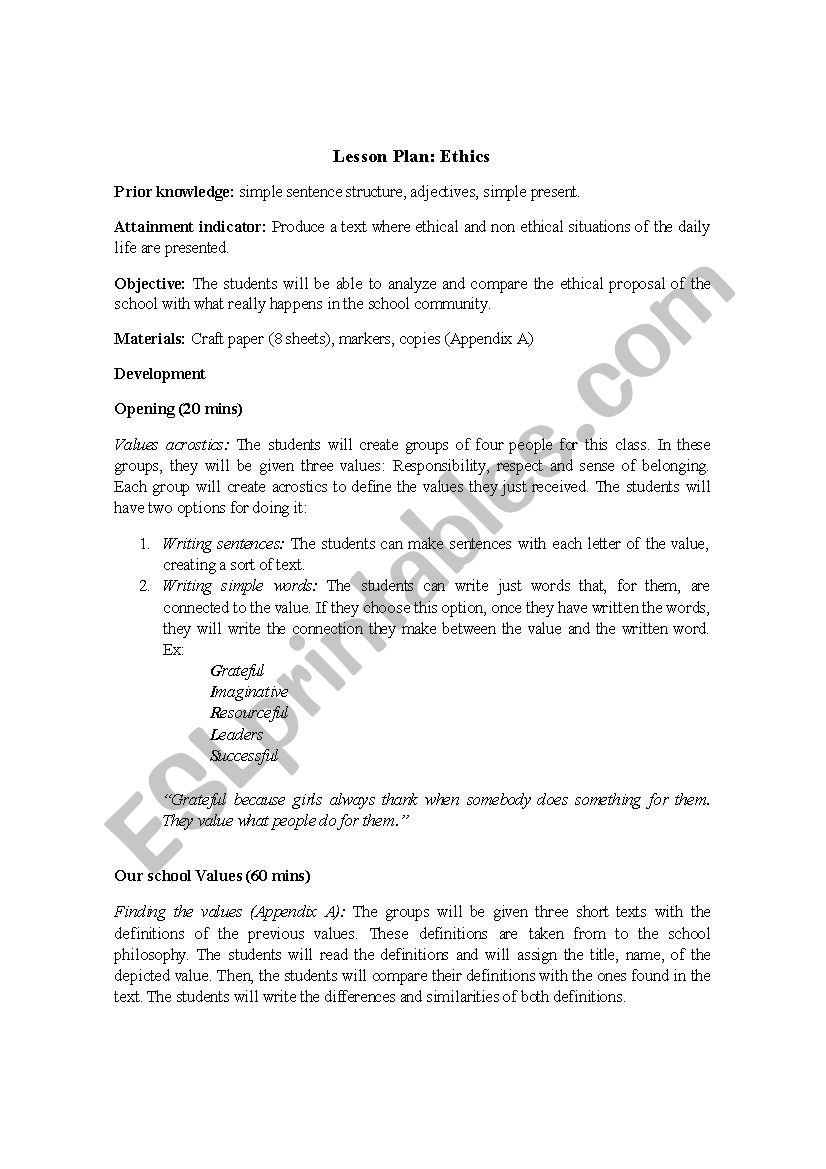 ETHICS LESSON PLAN worksheet