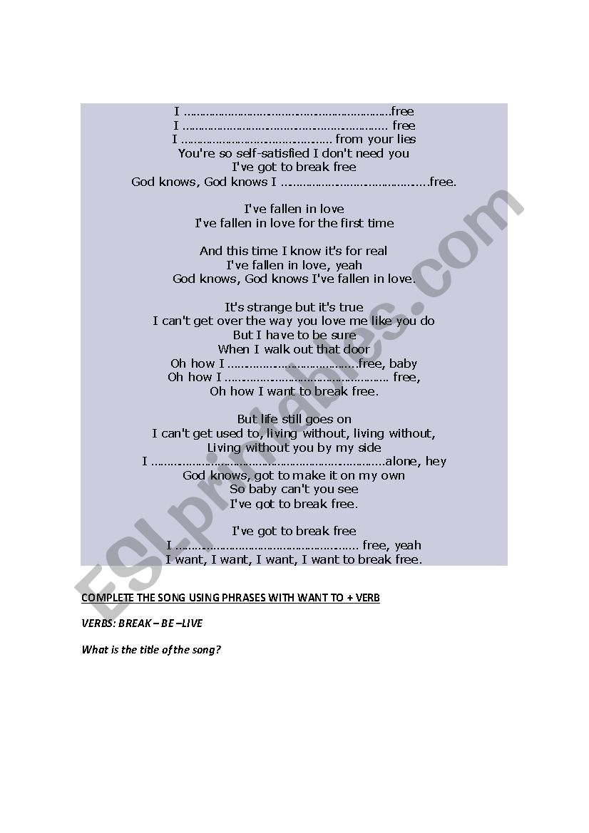 I WANT TO BREAK FREE - QUEEN worksheet