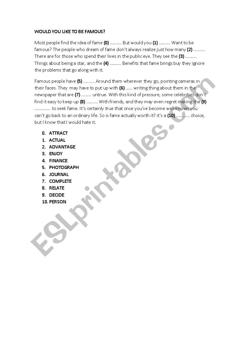 Would you like to be famous? worksheet