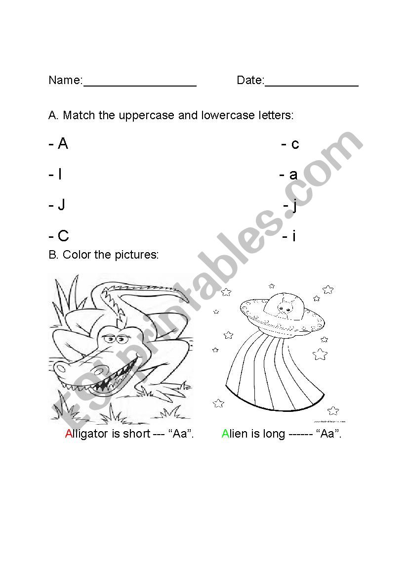 Long and Short Aa Worksheet with Upper and Lowercase Letter Matching