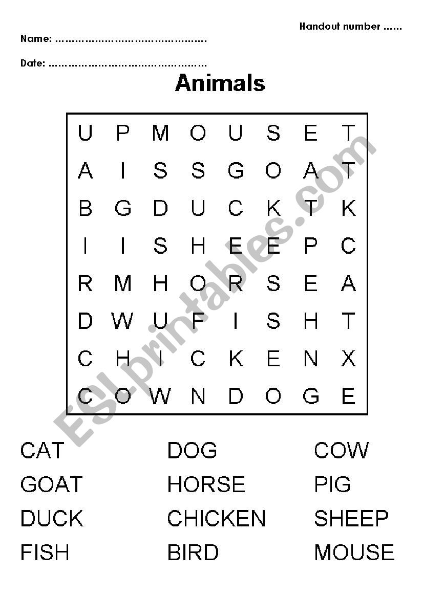 Animal crossword worksheet