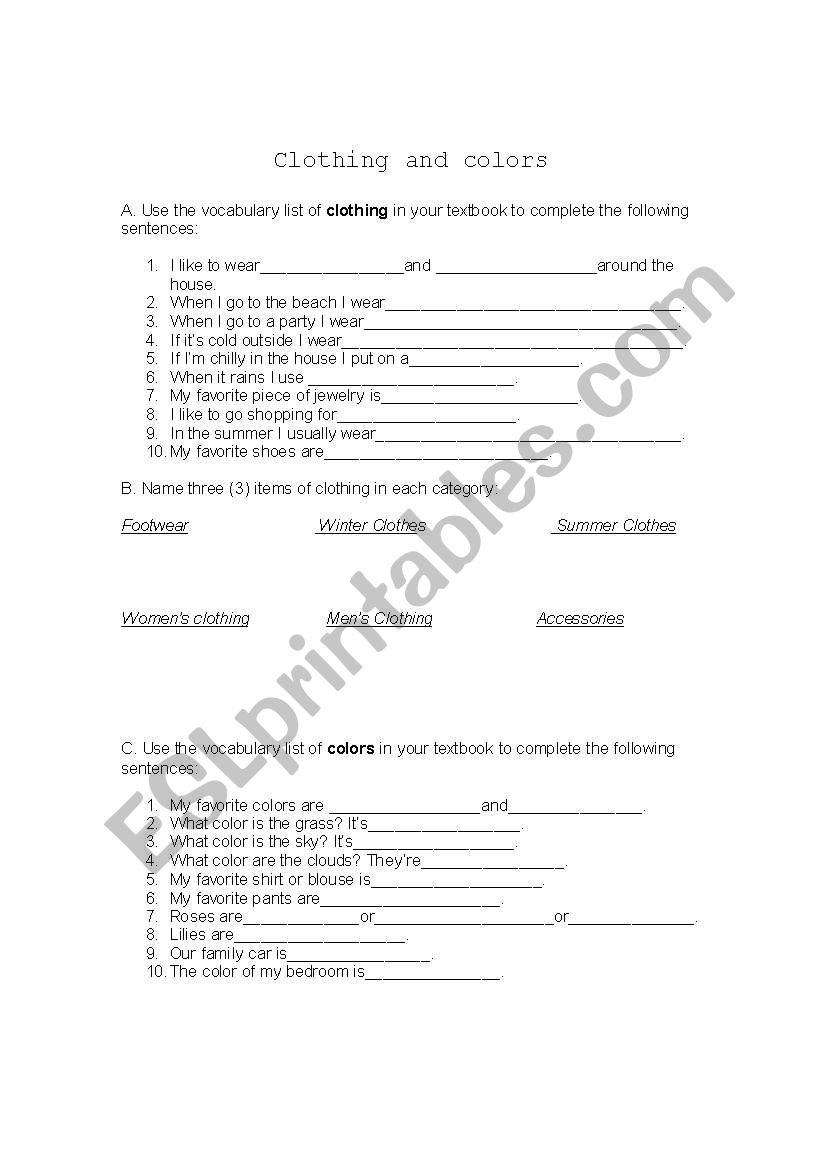 Clothing and colors worksheet