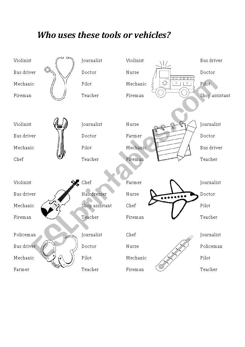 Match the tool with the job worksheet