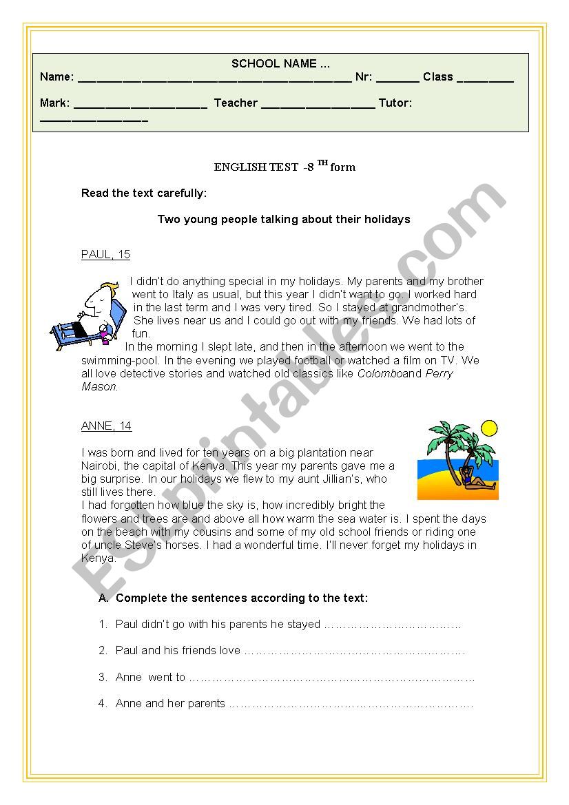 English test 8th grade worksheet