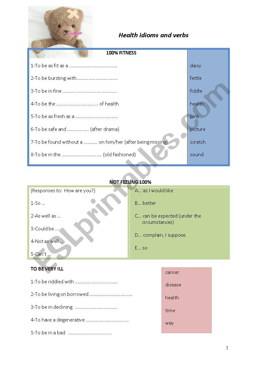 Health idioms and verbs worksheet