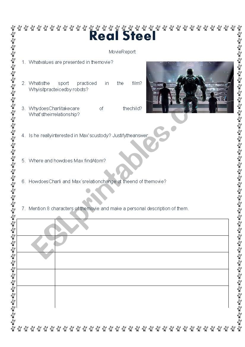 Real Steel  Movie report worksheet