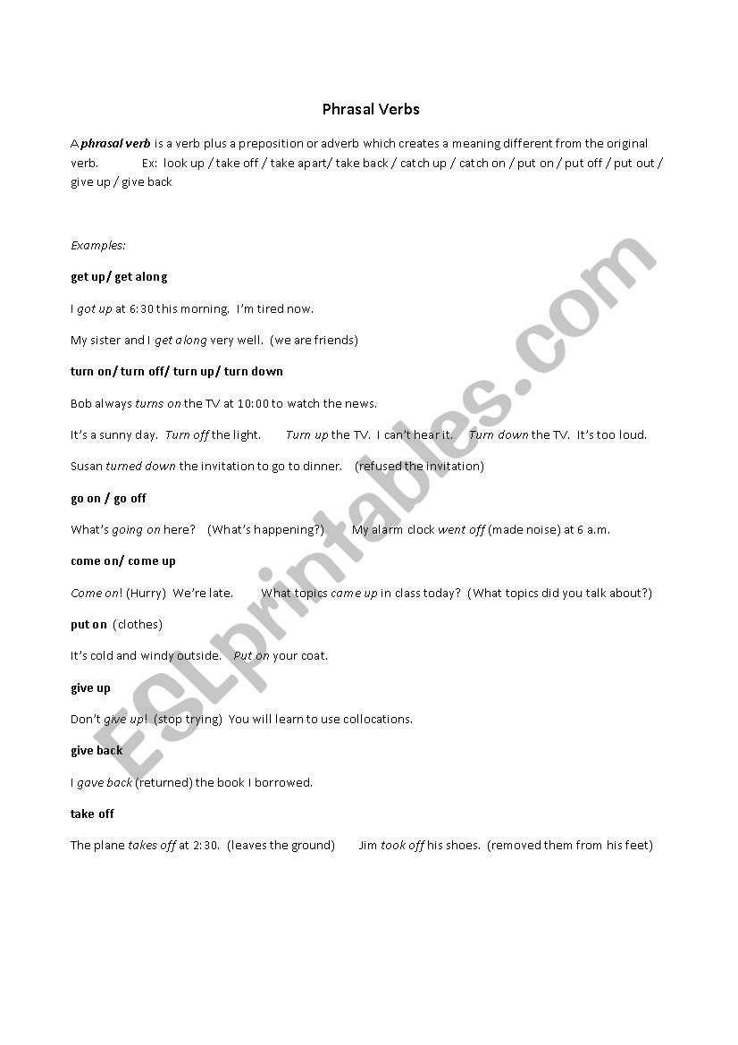 Phrasal Verbs worksheet