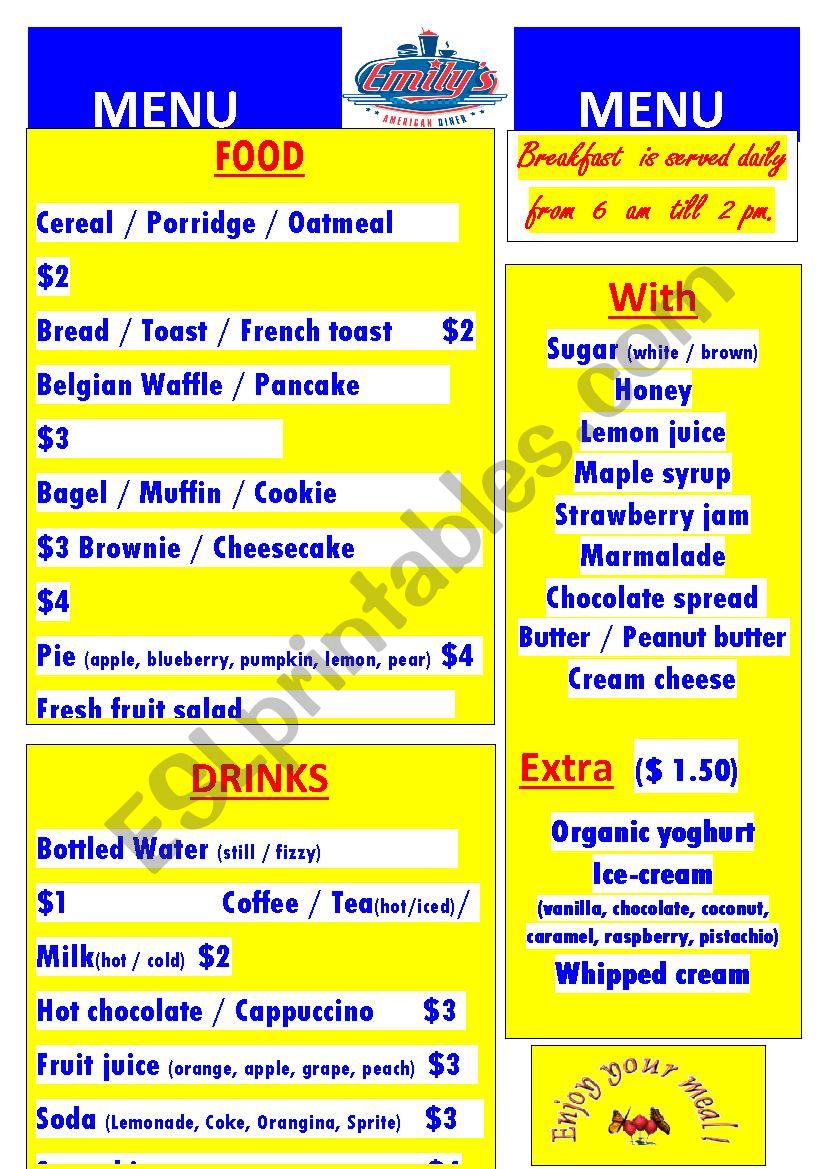 Breakfast Menu worksheet