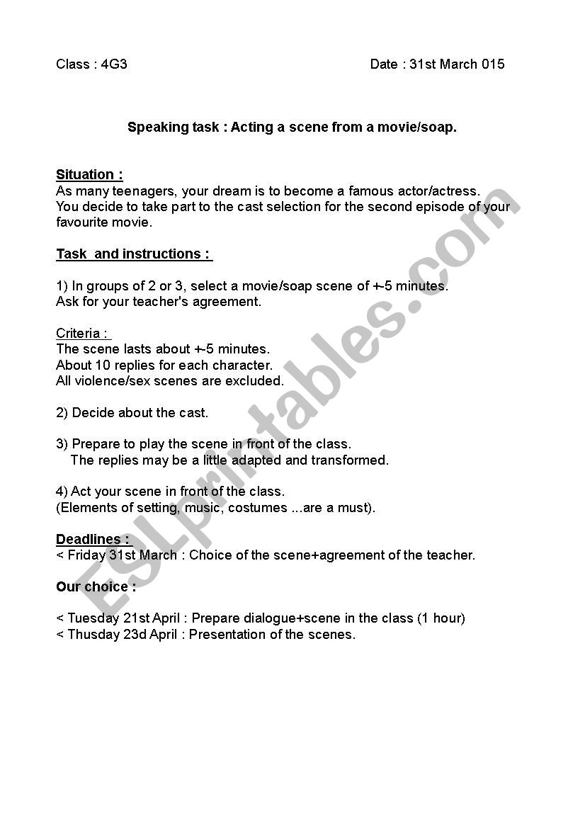 Playing a film sequence worksheet