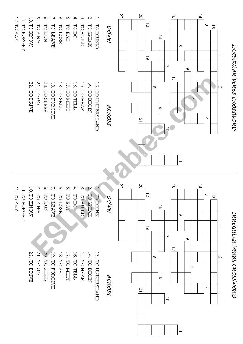 IRREGULAR VERBS CROSSWORD worksheet