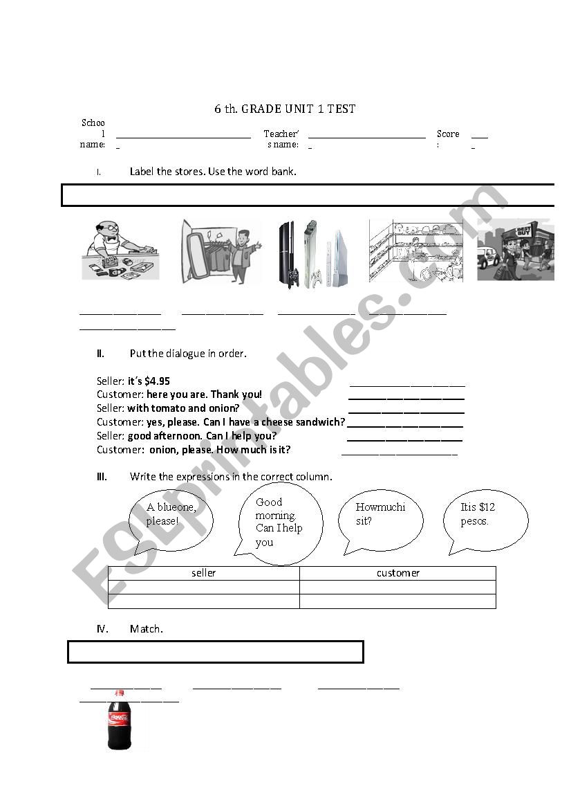 test about stores  worksheet