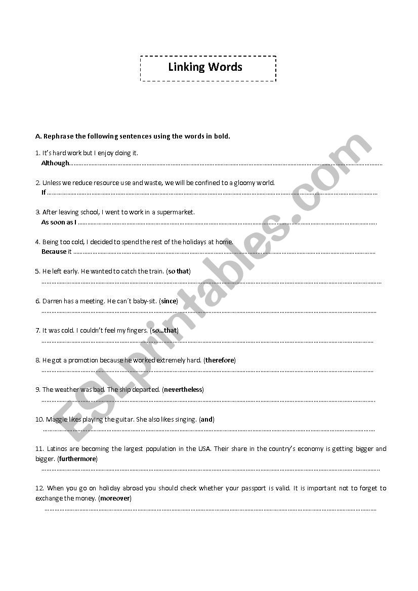 Linking words practice worksheet