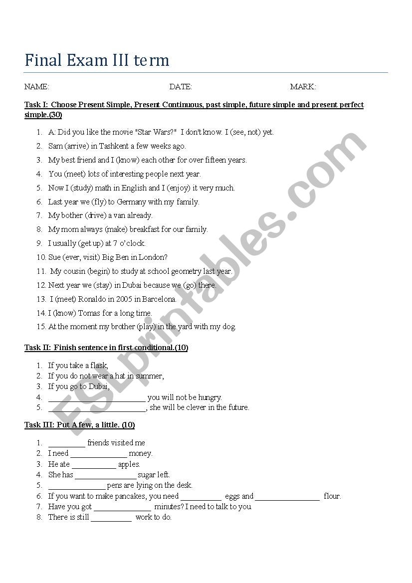 Tense revision exam  worksheet