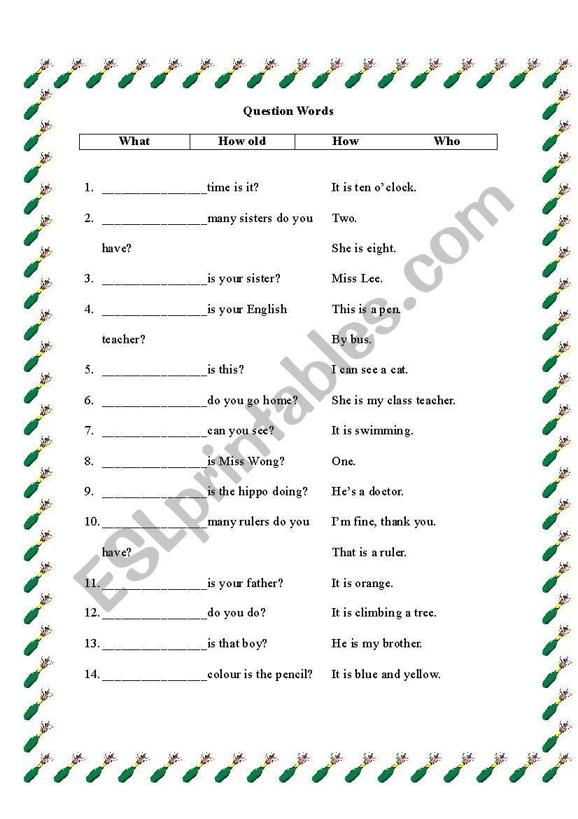 Question words worksheet