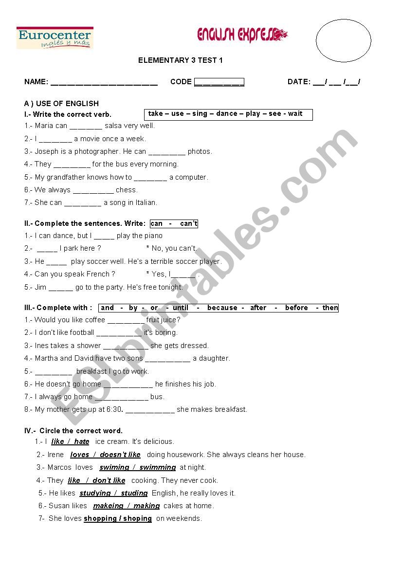 Elementary 3 Test worksheet