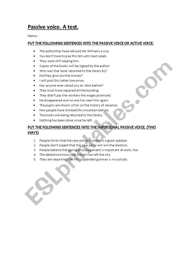Passive Voice Exercise. worksheet