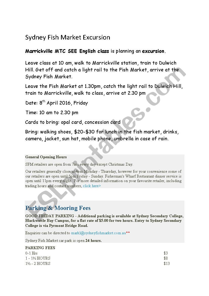 Sydney Fish Market Excursion worksheet