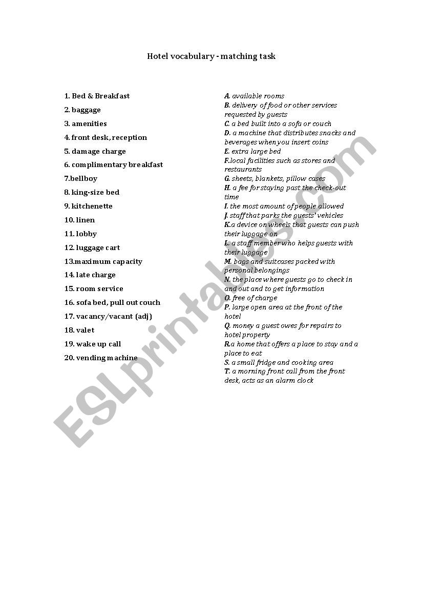 Hotel vocabulary matching task