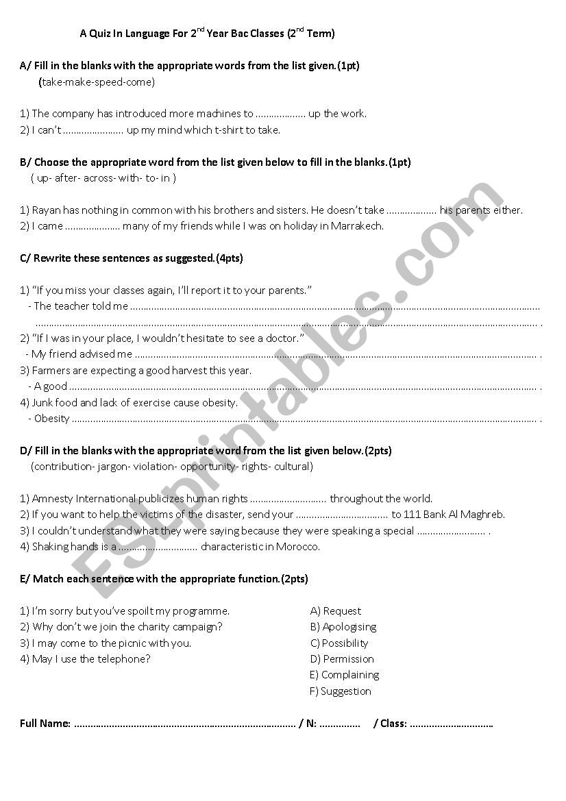 Language quiz for 2nd year Bac classes
