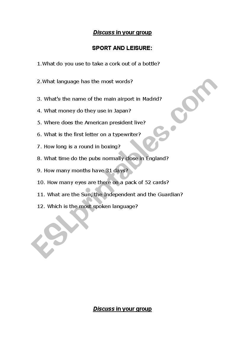 E3 Sport and Leisure Quiz worksheet