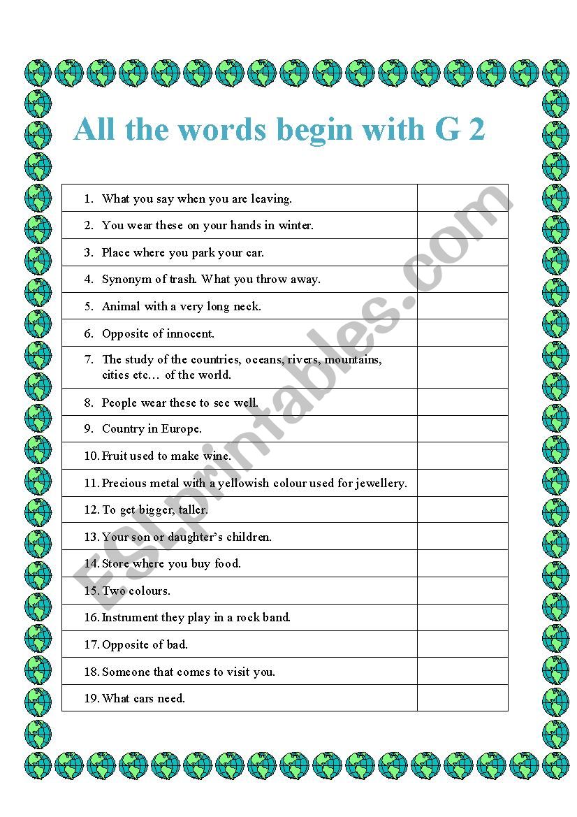 All words begin with G 2 worksheet