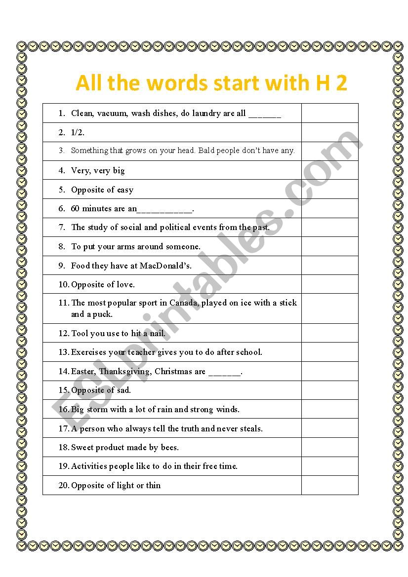 All words begin with H 2 worksheet