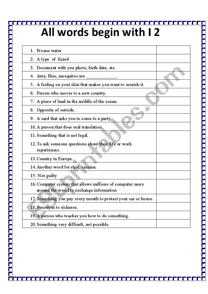 All words begin with I 2 worksheet