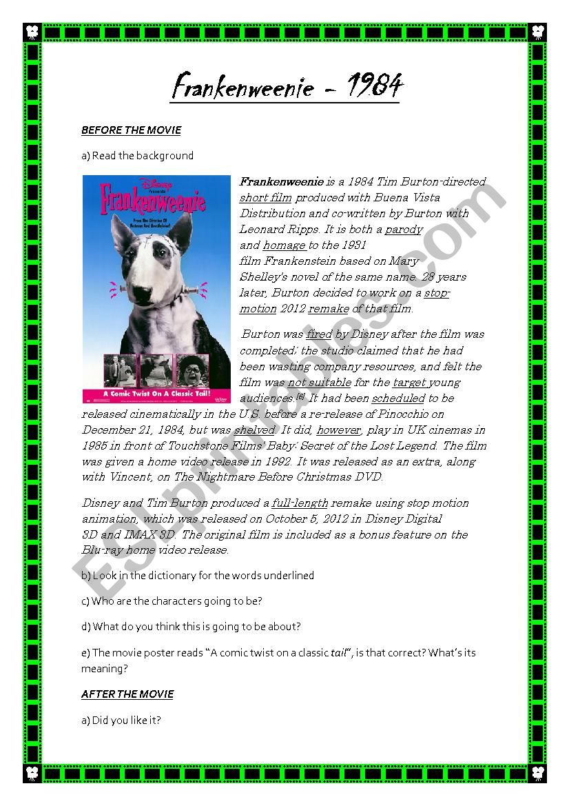 Frankenweenie short film 1984 Tim Burton worksheet