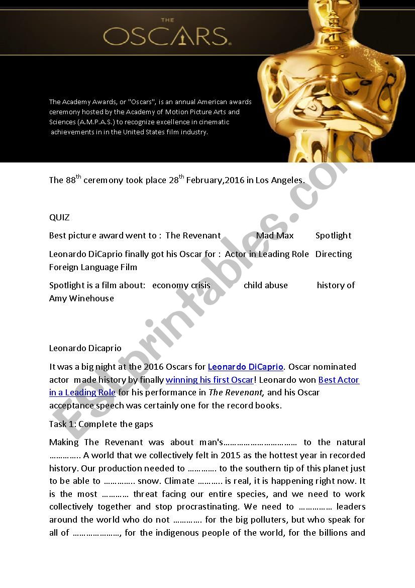 Oscars   The Academy Awards worksheet